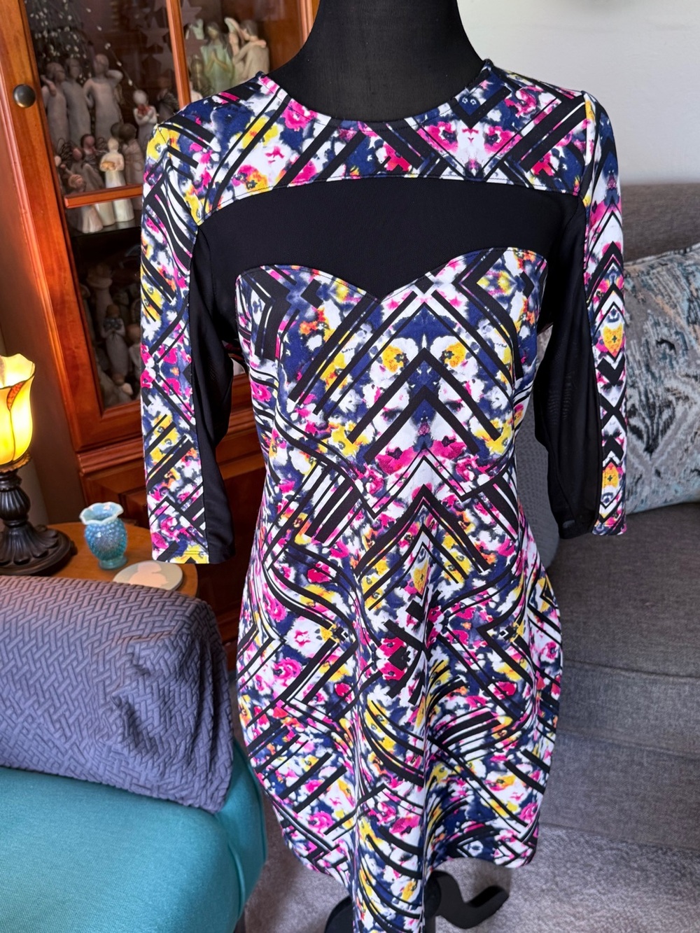 Material Girl Black Dress with Pink, Yellow and Navy Geo Floral Print